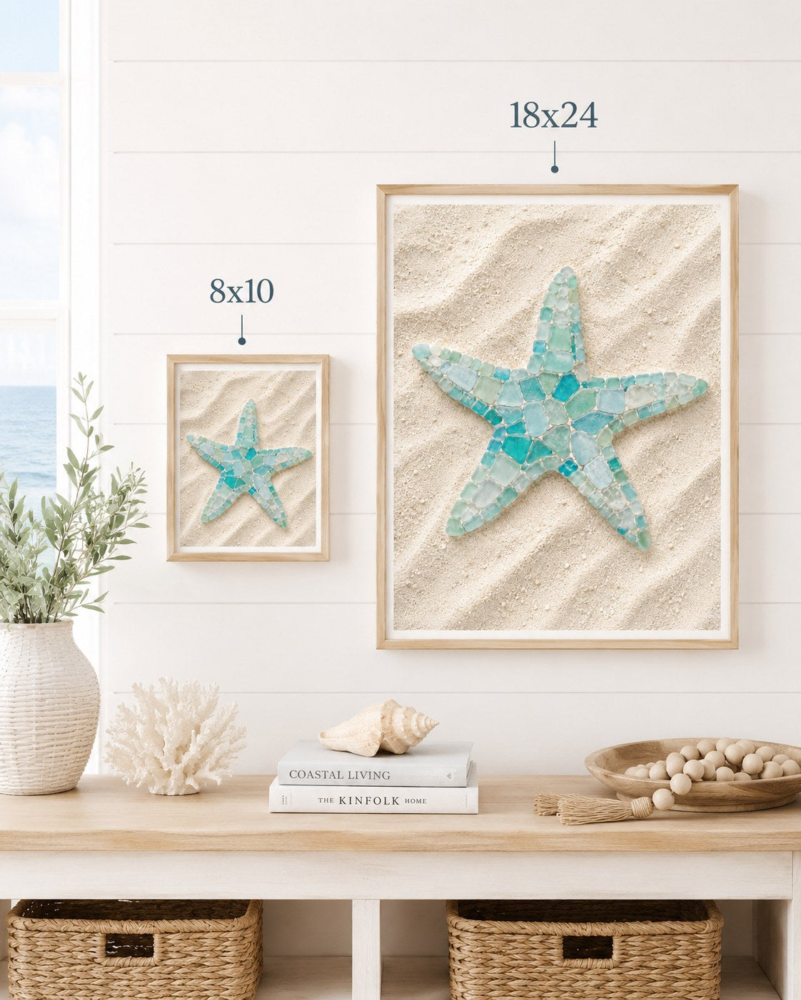 Sea glass starfish 8x10 and 18x24 size comparison, AI-generated mockup