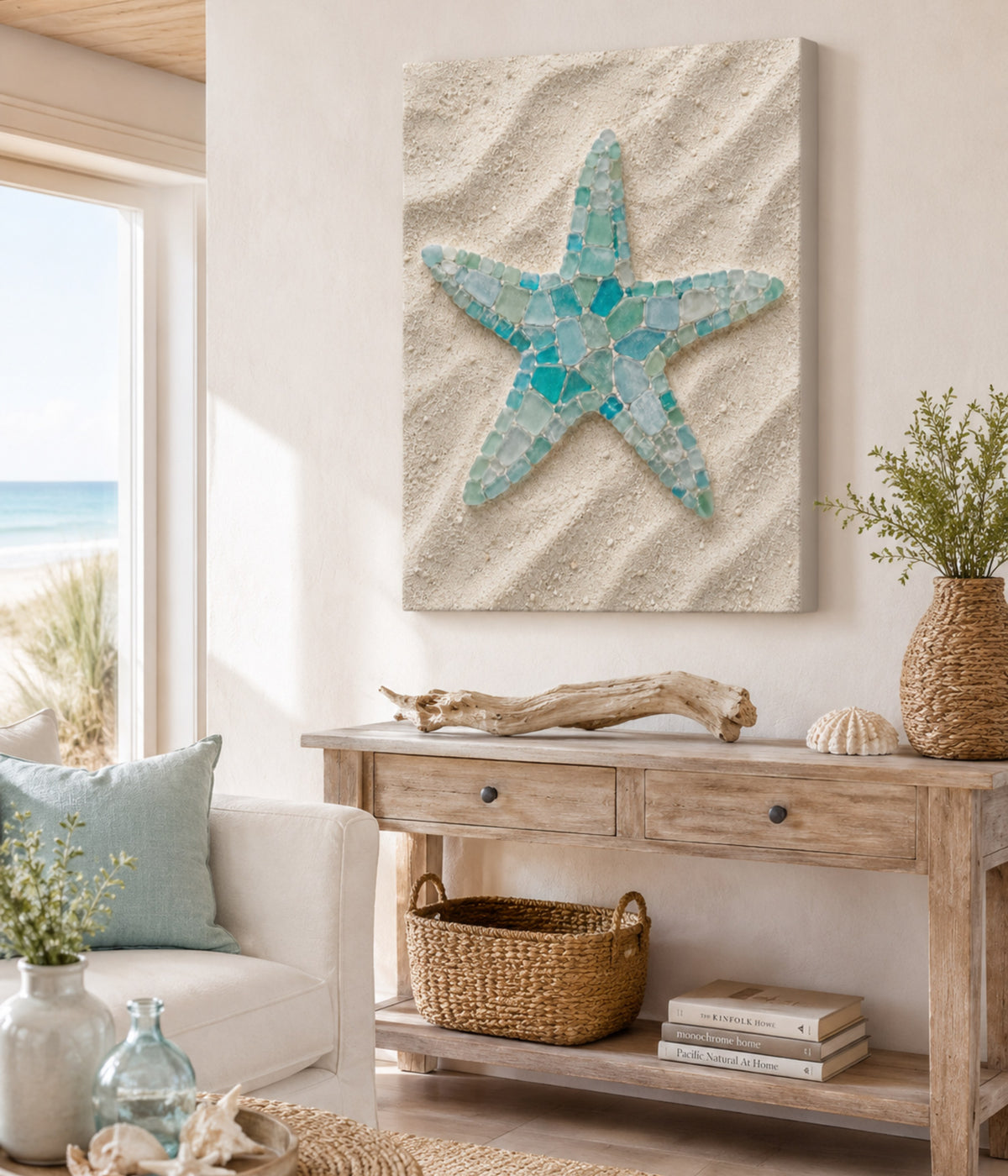 Sea glass starfish canvas above an entry table, AI-generated mockup