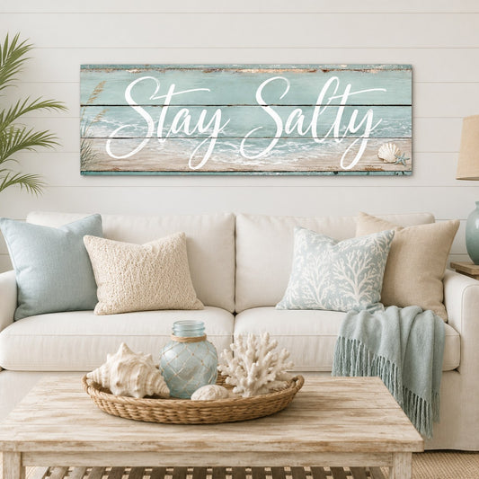 Stay Salty canvas sign above a sofa, AI-generated mockup