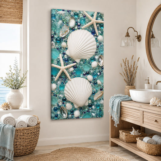 Tall sea glass seashell canvas in a coastal bathroom, AI-generated mockup