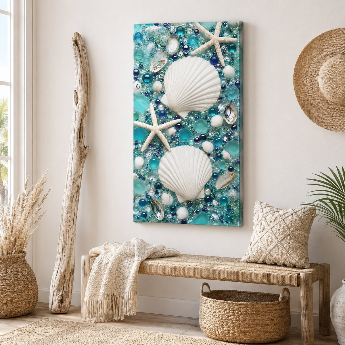 Tall sea glass seashell canvas in an entryway, AI-generated mockup
