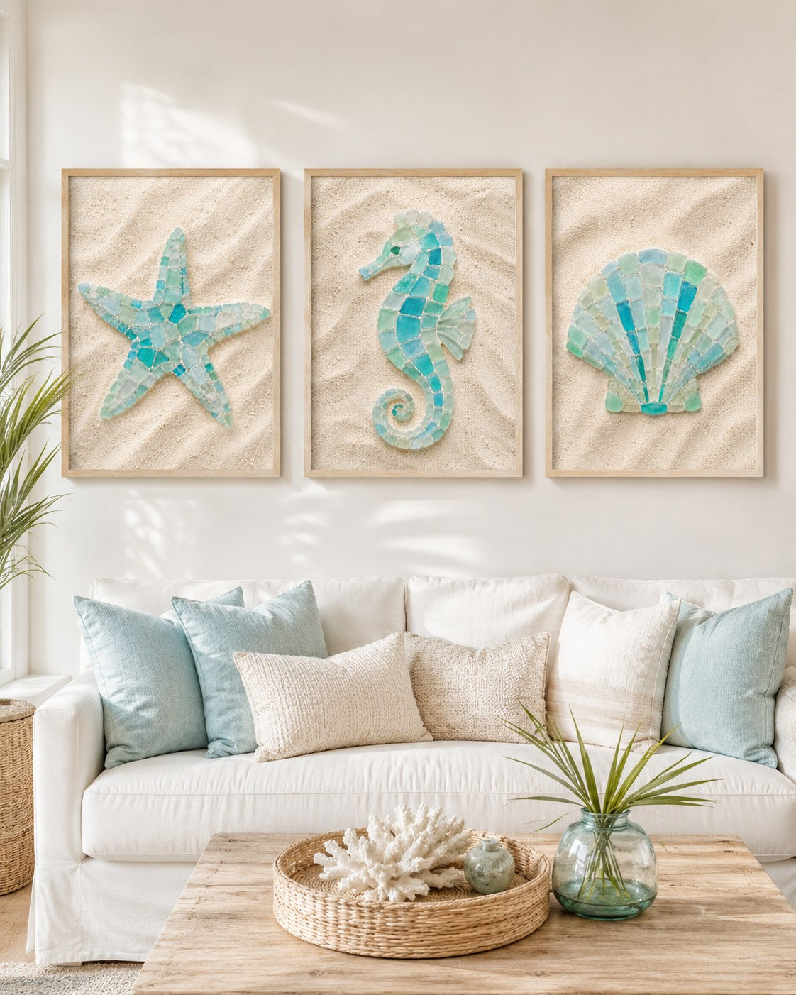 Sea glass starfish, seahorse and scallop shell set, AI-generated mockup