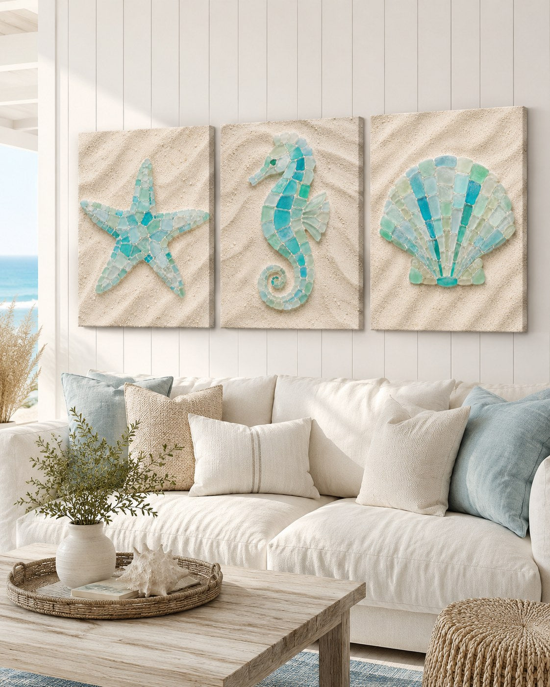 Sea glass starfish, seahorse and scallop shell canvas set, AI-generated mockup